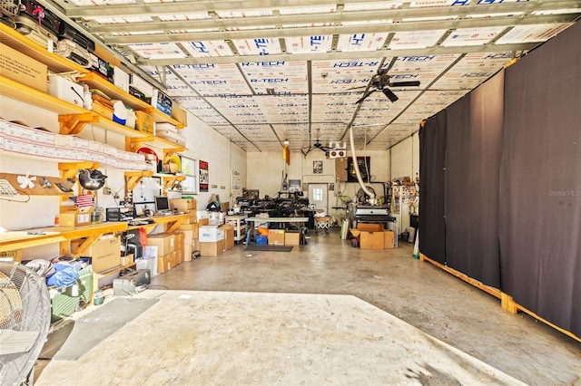 garage with a workshop area