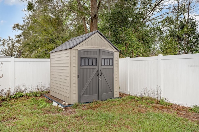 view of shed with a fenced backyard