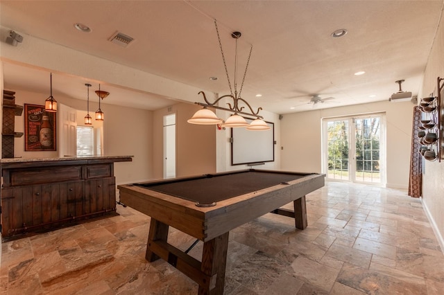 game room featuring ceiling fan and billiards