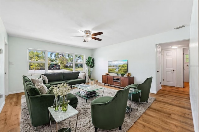 1119 77th St N, Saint Petersburg, FL 33710 - living area with a ceiling fan, visible vents, light wood finished floors, and baseboards