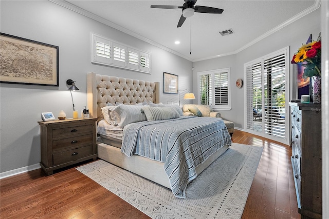 bedroom with access to exterior, visible vents, ornamental molding, wood finished floors, and baseboards