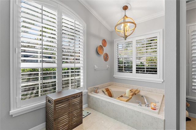 full bathroom featuring a chandelier, tile patterned floors, a garden tub, and crown molding