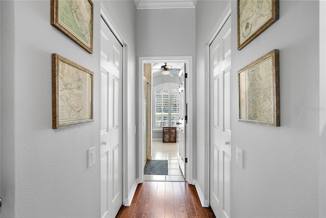 hallway with baseboards, ornamental molding, and dark wood-type flooring