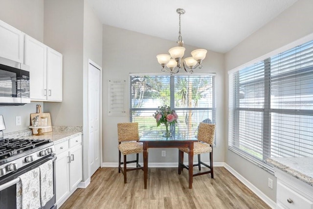 interior space featuring a healthy amount of sunlight, vaulted ceiling, light hardwood / wood-style floors, and a notable chandelier