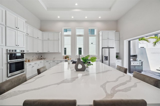 kitchen featuring light stone countertops, a kitchen breakfast bar, a raised ceiling, and appliances with stainless steel finishes