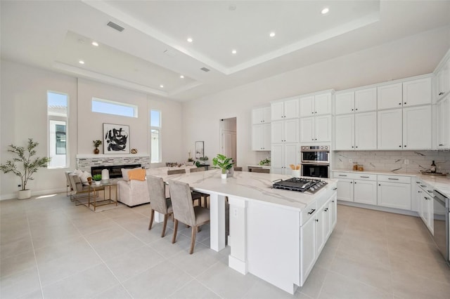 kitchen with appliances with stainless steel finishes, a tray ceiling, light stone countertops, and a kitchen island