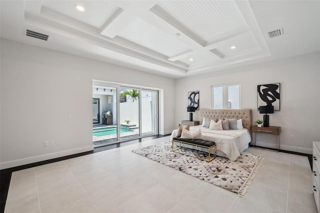 bedroom with coffered ceiling, access to exterior, light tile patterned floors, and beamed ceiling