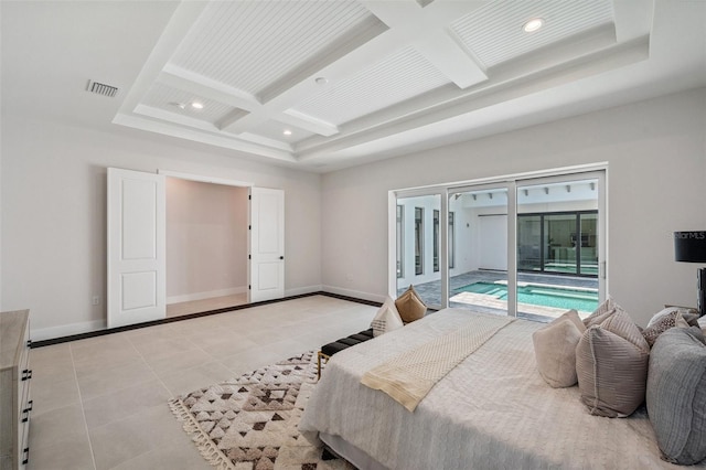 tiled bedroom featuring coffered ceiling, access to exterior, and beam ceiling