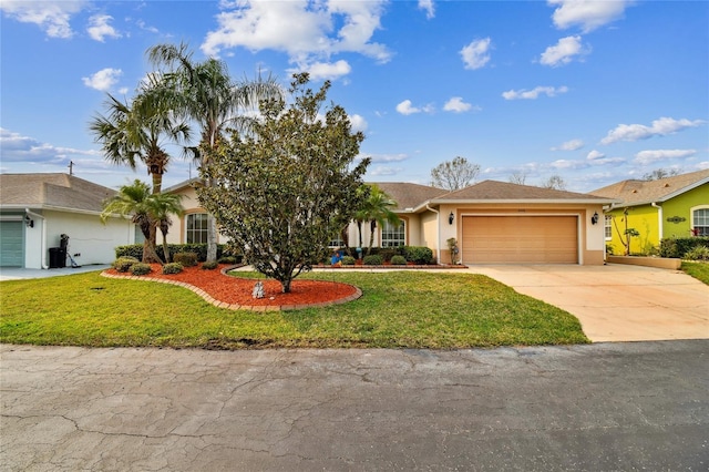 ranch-style house featuring a front lawn and a garage