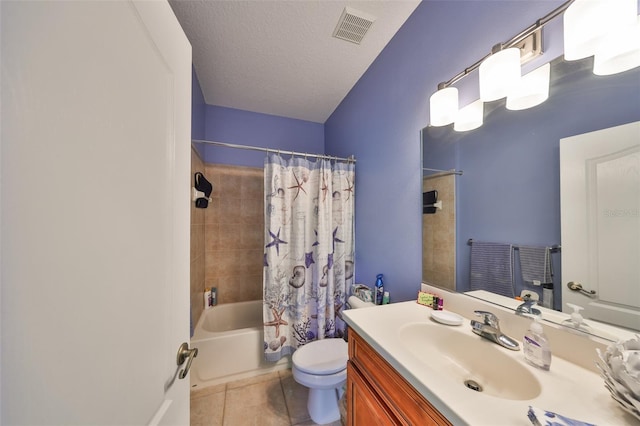 full bath featuring tile patterned flooring, toilet, shower / tub combo, vanity, and visible vents