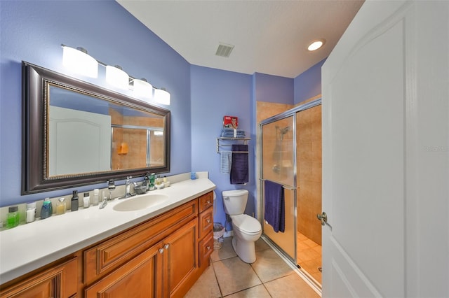 full bathroom featuring visible vents, toilet, tile patterned flooring, vanity, and a shower stall
