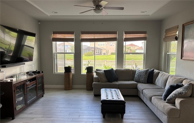 29011 Trevi Pl, Wesley Chapel, FL 33543 - living room with ceiling fan, healthy amount of natural light, and light wood finished floors