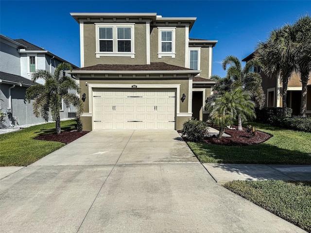 29011 Trevi Pl, Wesley Chapel, FL 33543 - view of front of home featuring stucco siding, an attached garage, driveway, and a front lawn