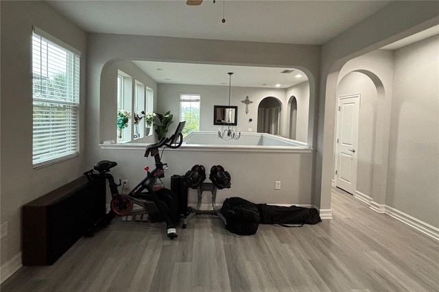29011 Trevi Pl, Wesley Chapel, FL 33543 - workout area featuring wood finished floors, arched walkways, and ceiling fan