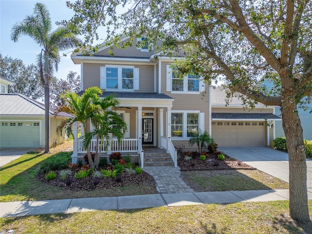 view of front of property with covered porch, concrete driveway, and an attached garage