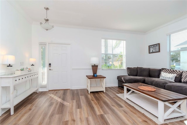 entryway with a healthy amount of sunlight, light hardwood / wood-style flooring, and ornamental molding