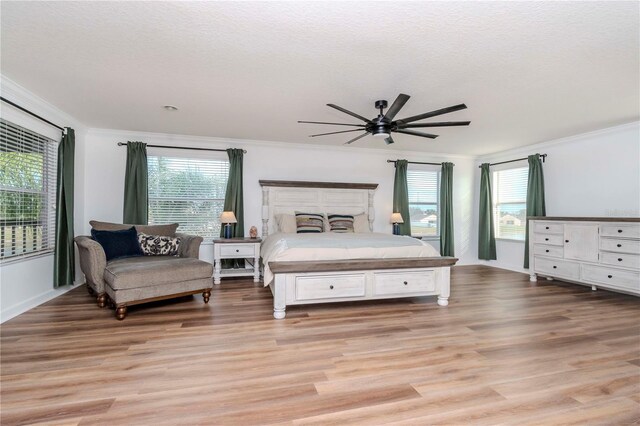bedroom with light hardwood / wood-style floors, crown molding, a textured ceiling, and multiple windows