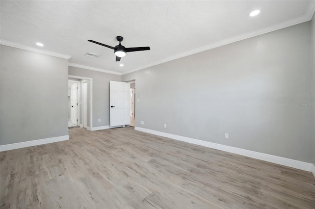 unfurnished room featuring recessed lighting, a ceiling fan, ornamental molding, wood finished floors, and baseboards