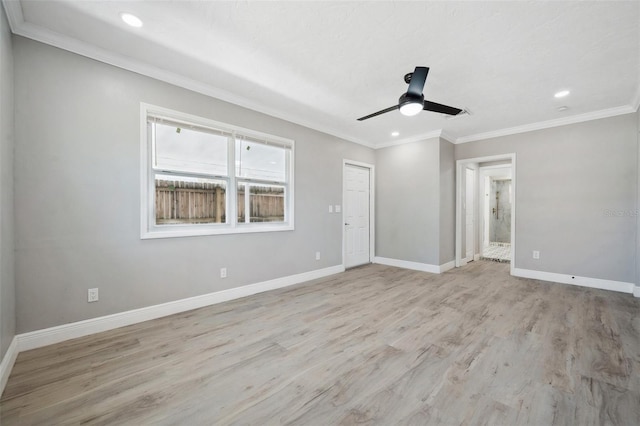 unfurnished room with baseboards, ceiling fan, light wood-type flooring, and crown molding