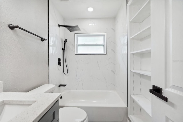 bathroom with toilet, a textured wall, vanity, and shower / bathing tub combination