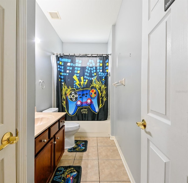 full bathroom with tile patterned flooring, vanity, shower / bath combination with curtain, and toilet