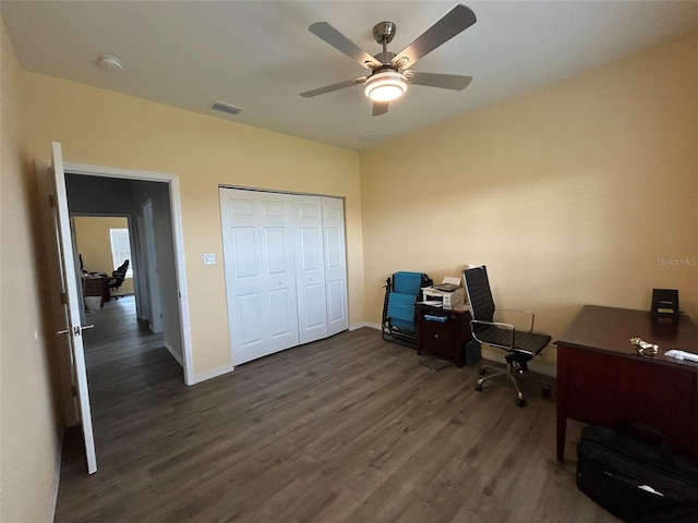 home office featuring dark wood-type flooring and ceiling fan