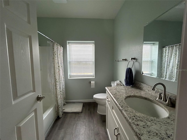 full bathroom featuring toilet, vanity, wood-type flooring, and a healthy amount of sunlight