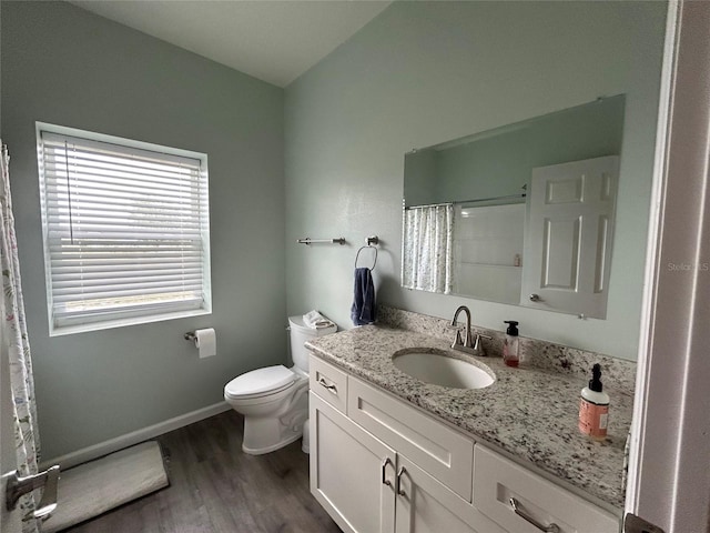 bathroom with toilet, vanity, and hardwood / wood-style floors