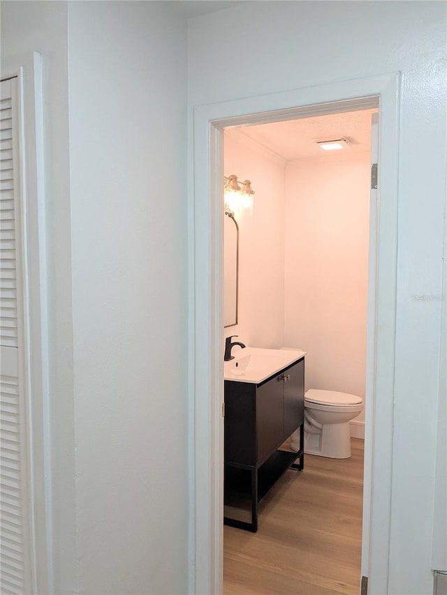 bathroom featuring toilet, vanity, and wood-type flooring