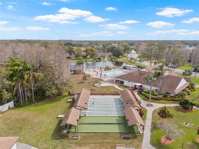 aerial view featuring a water view