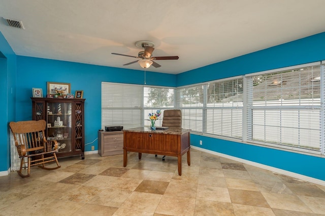 office space with ceiling fan, visible vents, and baseboards