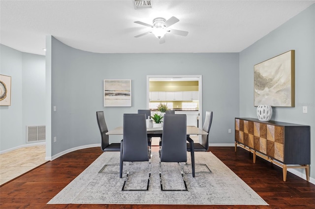 dining area featuring visible vents, dark wood-type flooring, and a ceiling fan