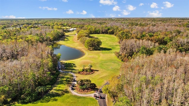 birds eye view of property with golf course view, a view of trees, and a water view