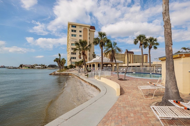 exterior space with a water view