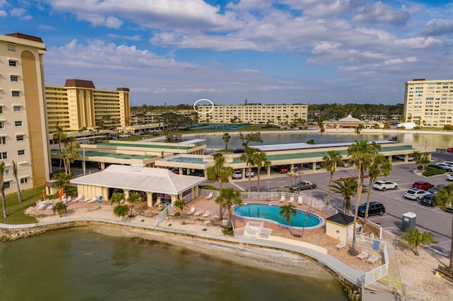 birds eye view of property featuring a water view