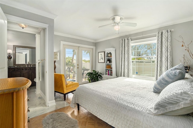 bedroom featuring french doors, access to outside, light parquet flooring, ceiling fan, and crown molding