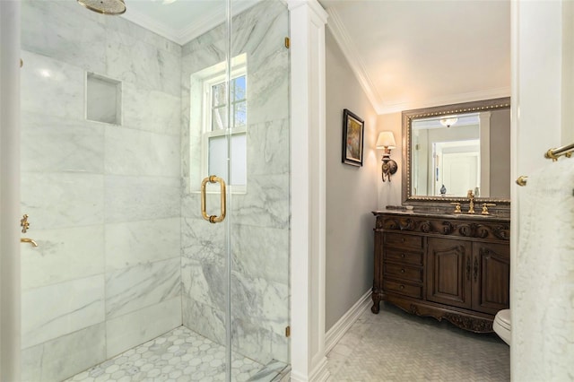 bathroom with ornamental molding, vanity, decorative columns, and walk in shower