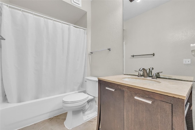 bathroom with tile patterned floors, toilet, shower / tub combo with curtain, and vanity