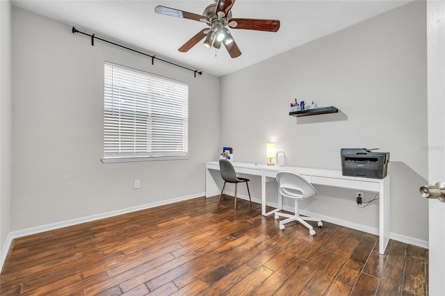 office area with wood finished floors, baseboards, and ceiling fan