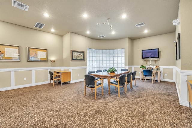 dining area with recessed lighting, visible vents, and carpet floors