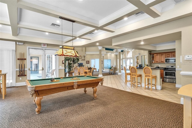 game room with light tile patterned floors, visible vents, beamed ceiling, and coffered ceiling