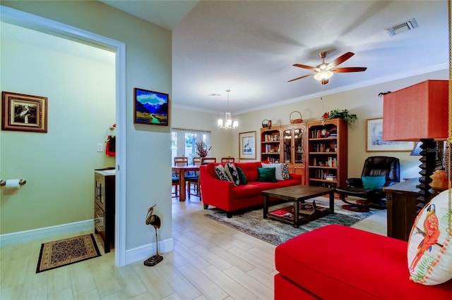 living room with light wood finished floors, baseboards, visible vents, crown molding, and ceiling fan with notable chandelier