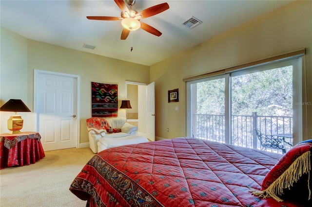 bedroom with ceiling fan, access to outside, carpet floors, and visible vents