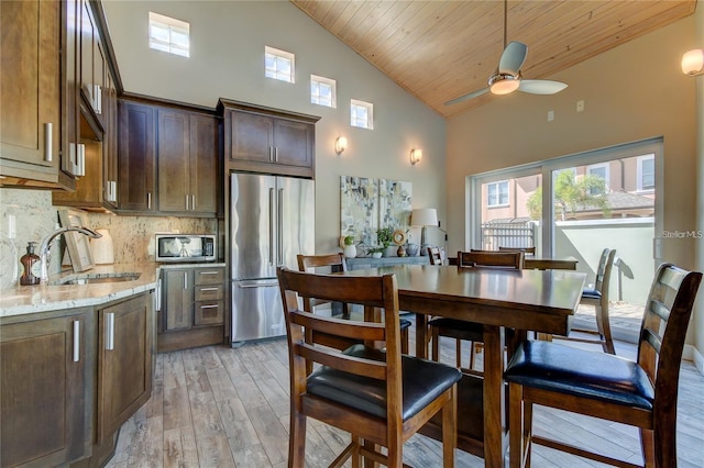 dining area with high vaulted ceiling, light wood-type flooring, wood ceiling, and a ceiling fan