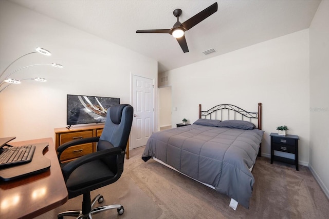 bedroom with a ceiling fan, baseboards, visible vents, and carpet flooring