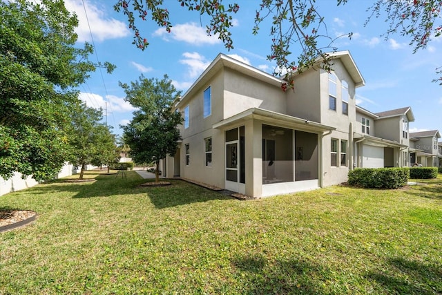 back of property featuring a sunroom, a lawn, and stucco siding