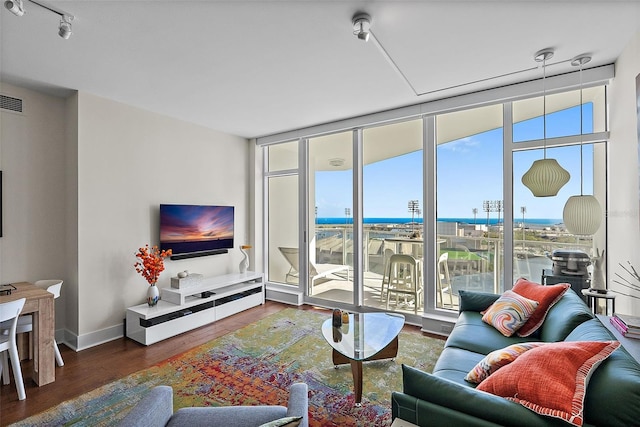 living area featuring expansive windows, baseboards, track lighting, and wood finished floors