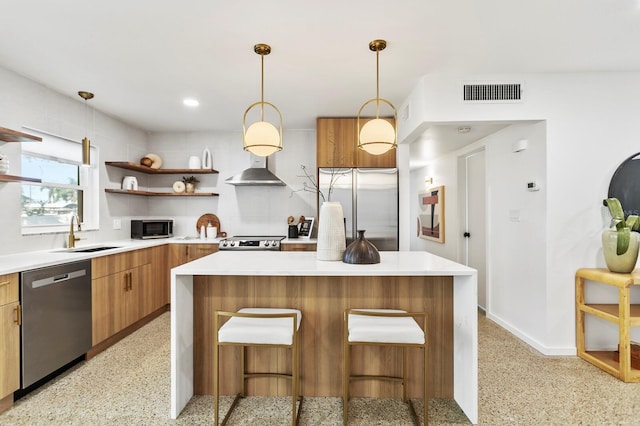 kitchen with visible vents, a sink, open shelves, light speckled floor, and stainless steel appliances