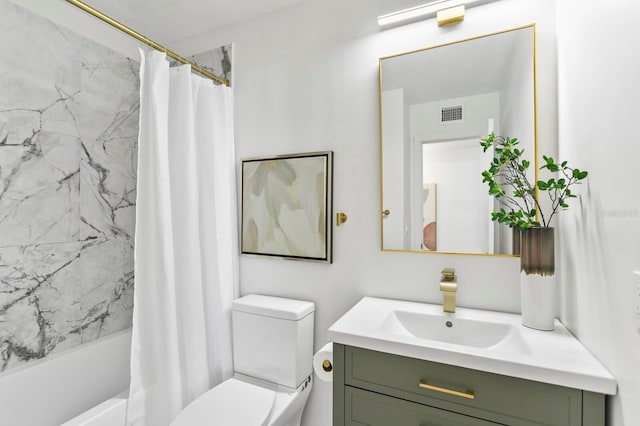 full bath featuring visible vents, toilet, vanity, and shower / bath combo