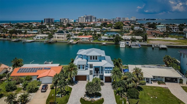 bird's eye view with a water view